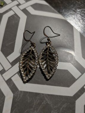 Gold and Rhinestone Leaf Earrings